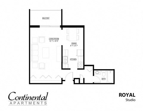 A floor plan for apartment living shows a living room, kitchen, and bathroom.